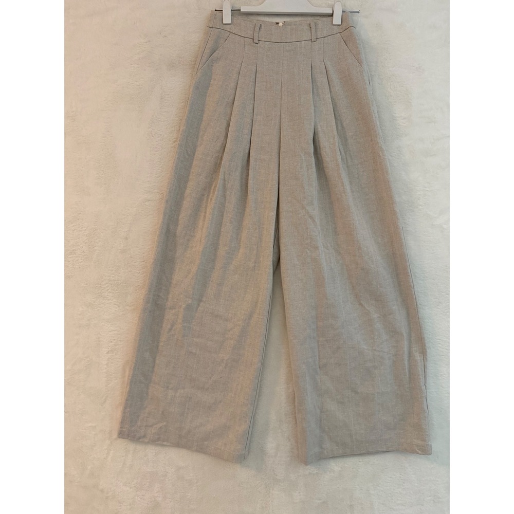 Commense NWT Herringbone Wide Leg Pants Women‎ Small Beige Linen Blend Pleated S